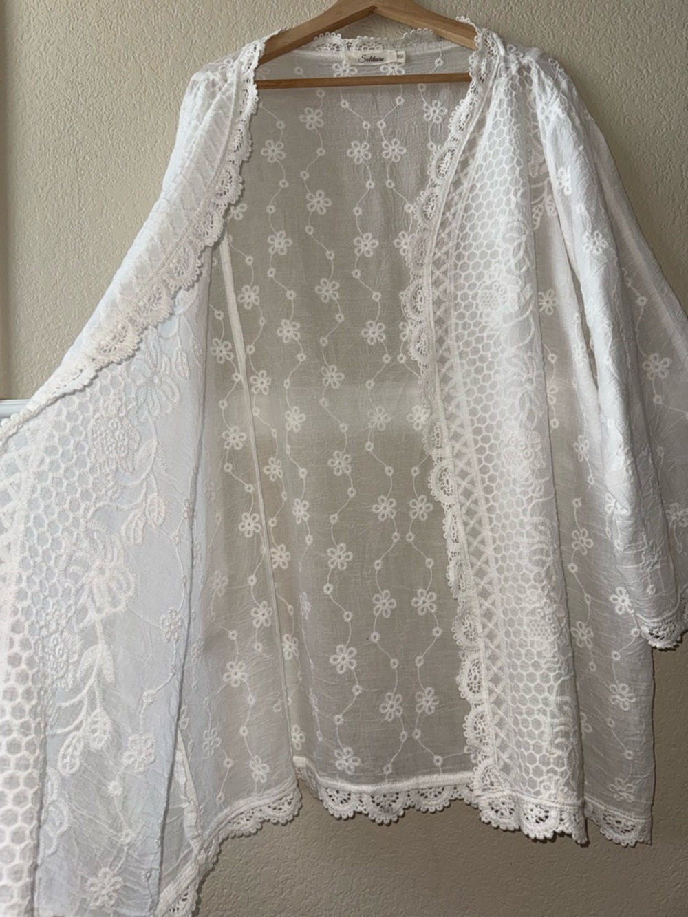 Cotton Blend Crochet Trim Lightweight Longline Kimono Crisp White Beachy 2X - Picture 10 of 11